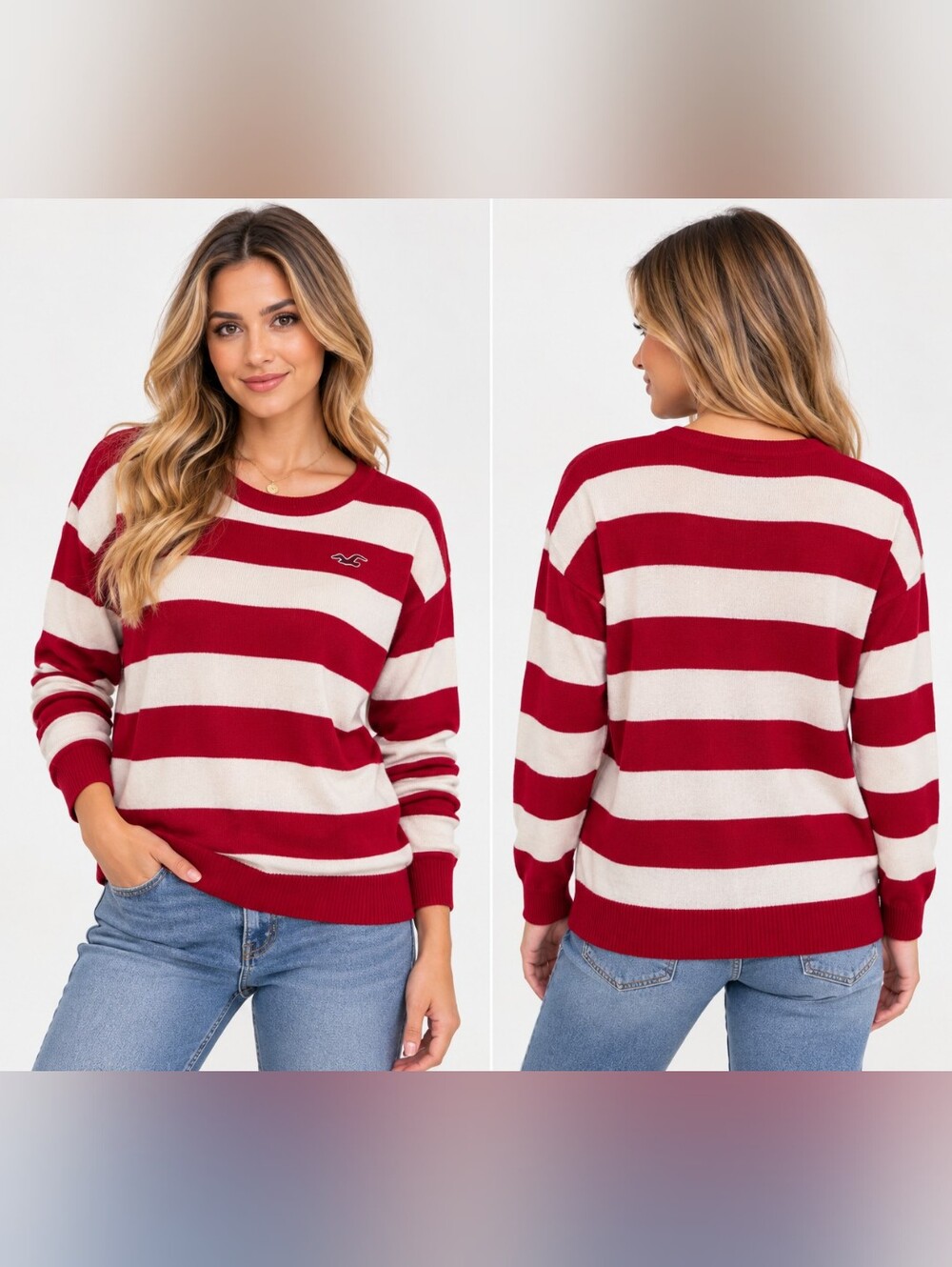Hollister Red and Cream Wide-Stripe Crewneck Sweater